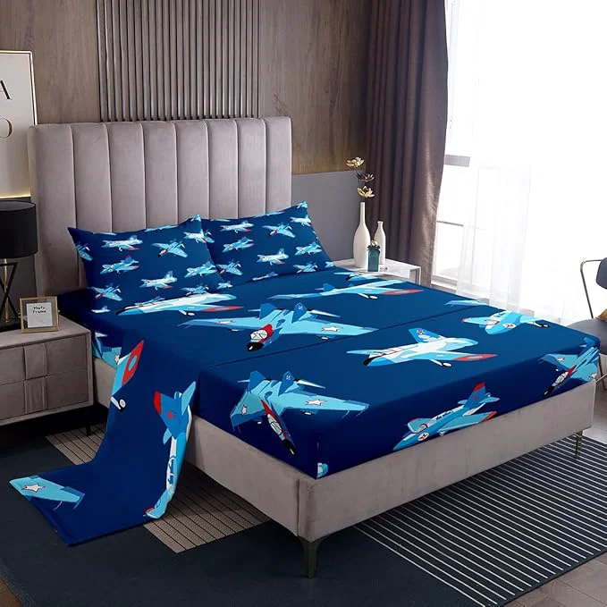 Durable Kids Aircraft Bed Sheets Set Cartoon Transportation Vehicles Fitted Sheet Boys Airplane Bedding Set for Bedroom Decor Navy Blue Sheet Twin Flat Sheet amp Fitted Sheet with 1 Pillow Case Original Design