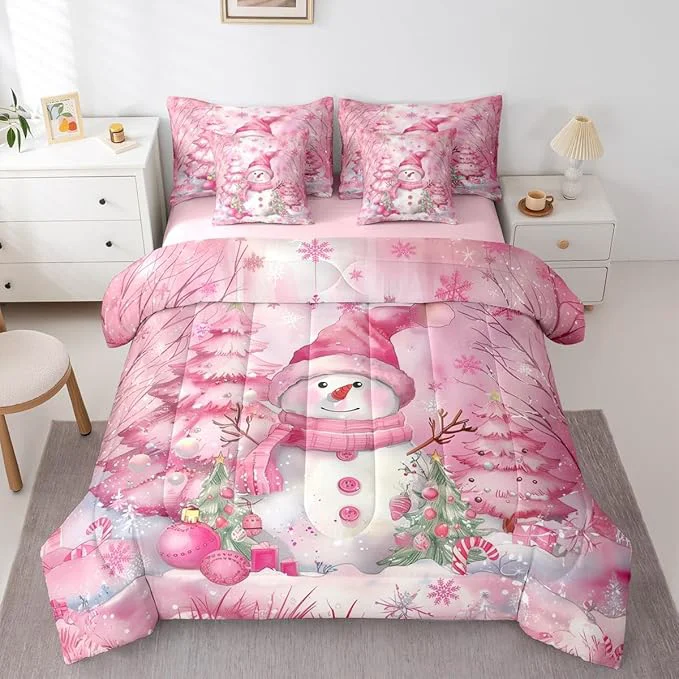 Carefully Designed Castle Fairy Kawaii Snowman 7 Pieces Comforter Sets Full Dreamy Pink Christmas Trees Bedding Set for Kids Girls Bedroom Decor Cute Winter Snowflake Bed in a Bag with Comforter Sheets and Pillow Cases Soft