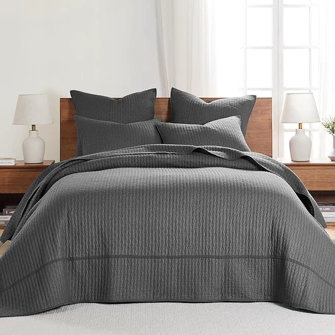 Elite Levtex Home Cross Stitch Reversible Queen Bedspread Set 104x106in with 2 Pillow Shams 26x20in - Stitch Texture - Charcoal - Cotton Queen Size Bedspread Set - Lightweight Soft Pre-Washed Fine Crafted