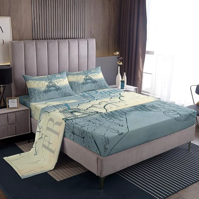 Comfortable Eiffel Tower Bed Sheets Set Retro Paris Style Fitted Sheet Vintage Cityscape Bedding Set for Bedroom Decor Boys Girls Landmark Sheet Queen Flat Sheet amp Fitted Sheet with 2 Pillow Case Sustainable
