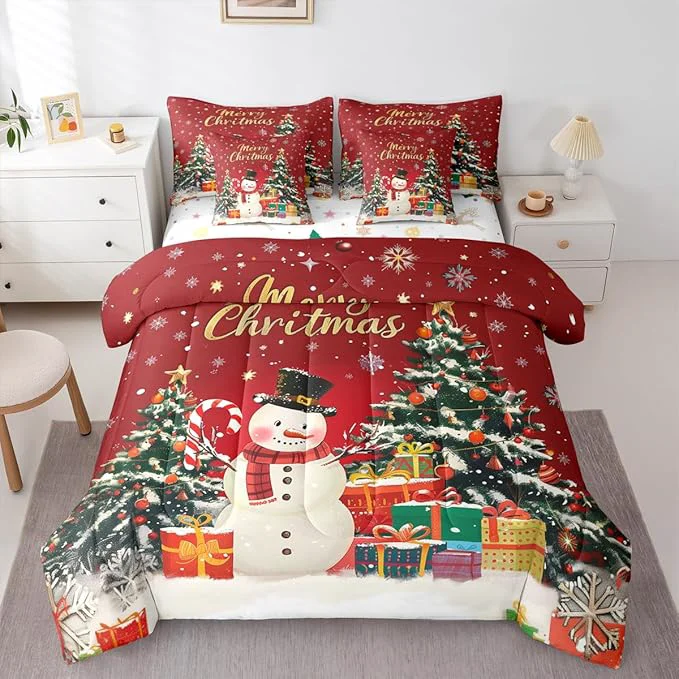 Reliable Castle Fairy Merry Christmas 7 PCS Comforter Set Cartoon Snowman Christmas Trees Bedding Set for Kids Girls Happy New Year Gifts Bed in a Bag with Comforter Sheets and Pillow Cases Queen Convenient