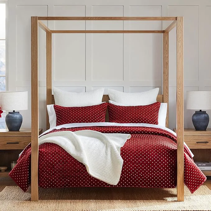 Solid Levtex Home - Cross Stitch Velvet Red Quilt Set - Full Queen Quilt Two Standard Pillow Shams - Cross Stitched Pattern - Quilt Size 88x92in. and Pillow Sham Size 26x20in. - Reversible Functional