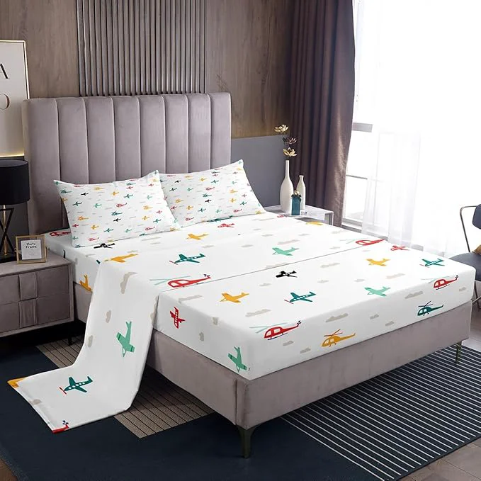 Soft Kids Aircraft Bed Sheets Set Watercolor Transportation Vehicles Fitted Sheet Boys Airplanes Bedding Set Bedroom Decor Colorful Helicopter Sheet King Flat Sheet amp Fitted Sheet with 2 Pillow Case Crafted