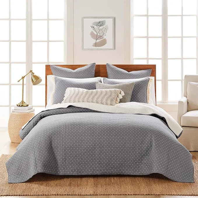 Quality Levtex Home Cross Stitch Reversible King Cal King Quilt Set 106x92in and 2 Pillow Shams 36x20in - Stitch Texture - Grey White - Cotton King Size Quilt Bedding Set - Lightweight Soft Pre-Washed Durable