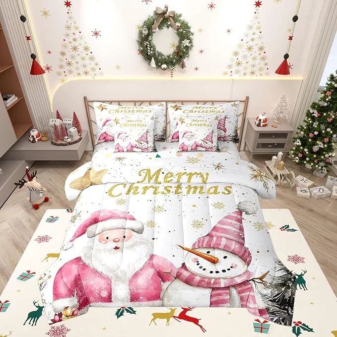 Practical Gold Snowflake King Comforter Set with Sheets Bed in a Bag 7 Pcs Pink Santa Snowman Christmas Trees Bed Set Watercolor Winter Bedding Sets with Comforter Flat Fitted Sheet Pillowcases Pillow Covers Specialty