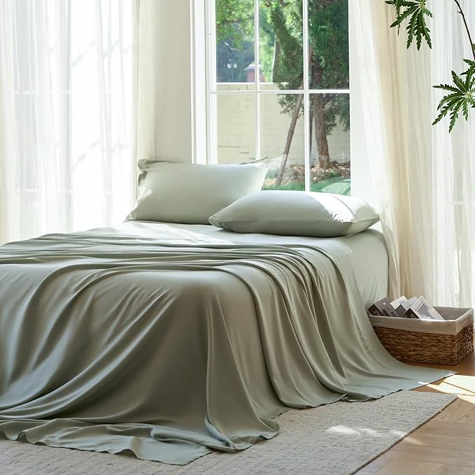 Certified DOZ Sheet Set Viscose derived from Bamboo Organically Grown Buttery Soft Cooling Sheets High GSM Deep Pockets - 3 Piece - 2 Pillowcases 1 Fitted Sheet Sage King Practical
