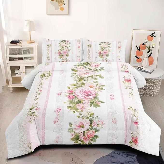 Green Women Pink Rose Farmhouse Bed in a Bag 5-Piece King Size Botanical Floral Bedding Sets for All Season 1 Comforter 104 quot x90 quot and 2 Pillowcases 1 Fitted Sheet 1 Flat Sheet Professional