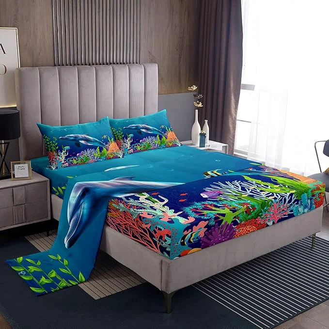 Versatile Cute Dolphin Kids Bed Sheets Set Ocean Fish Coral Fitted Sheet Cartoon Undersea Boys Girls Bedding Set for Bedroom Decor Blue Underwater Sheet King Flat Sheet amp Fitted Sheet with 2 Pillow Case Sophisticated