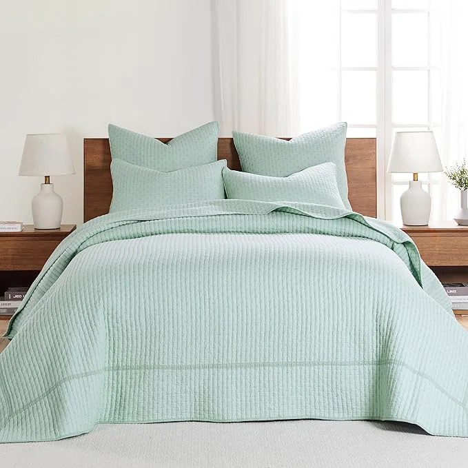 Expertly Made Levtex Home Cross Stitch Reversible Twin Bedspread Set 84x104in with 1 Pillow Sham 26x20in - Stitch Texture - Blue Haze - Cotton Twin Size Bedspread Set - Lightweight Soft Pre-Washed Proven