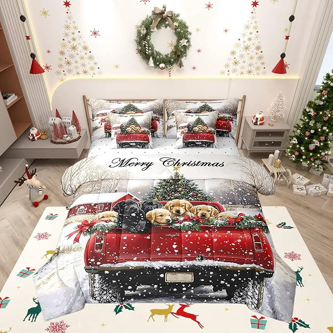 User-Friendly Farmhouse Christmas Dog Comforter Set 7 Pieces Red Christmas Trees Truck Bed Set Rustic Style Bedding Bed in a Bag King 1 Comforter 2 Pillowcase 2 Pillow Covers 1 Flat Sheet 1 Fitted Sheet Elegant