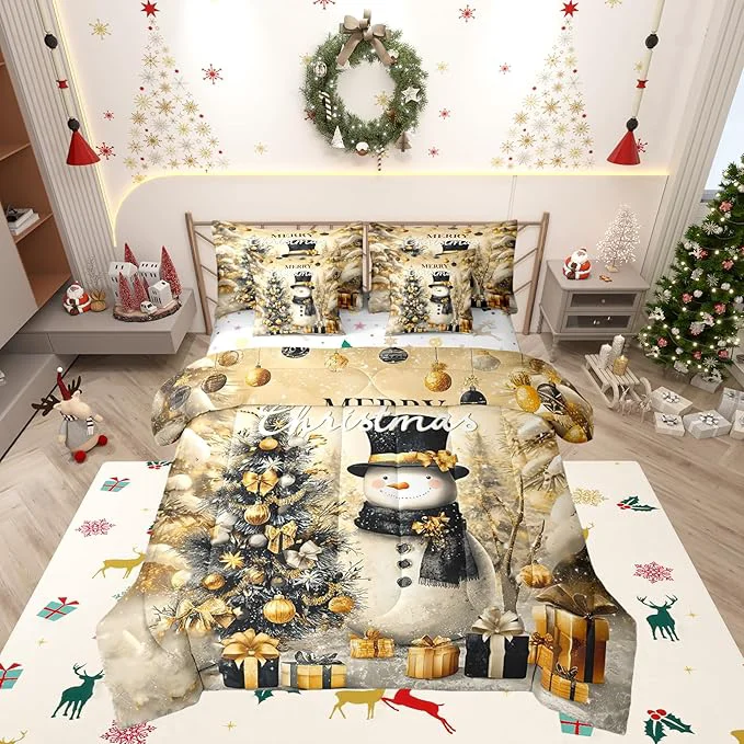 Sophisticated Castle Fairy Gold Christmas Tree 7 Pieces Comforter Sets Full Luxury New Year Gifts Bedding Set for Kids Girls Winter Cartoon Snowman Snowflake Bed in a Bag with Comforter Sheets and Pillow Cases Reliable