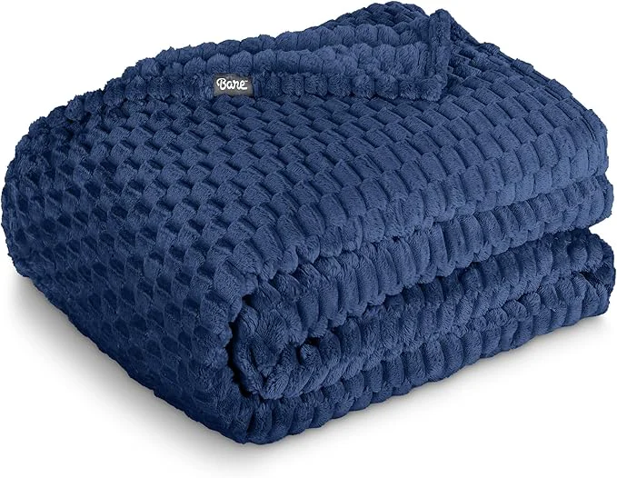 Classic Bare Home Textured Fleece Blanket - Throw Travel - Ultra-Soft Lightweight for Bed Sofa and Couch - Luxury Microplush - Cozy Warm Blanket Throw Travel Waffle Dark Blue Secure