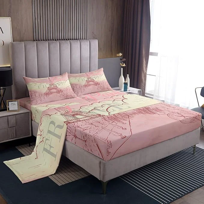 Environmentally Friendly Eiffel Tower Bed Sheets Set Retro Paris Style Fitted Sheet Vintage Cityscape Bedding Set for Bedroom Decor Girls Women Landmark Sheets Full Flat Sheet amp Fitted Sheet with 2 Pillow Case Elite