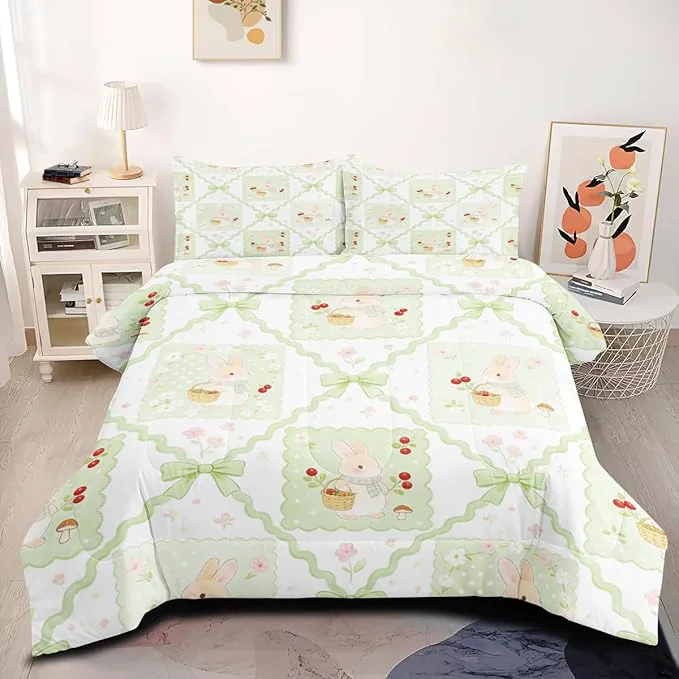 Environmentally Friendly Green Plaid Cherry Patchwork Comforter Set Full Size Cute Cartoon Rabbit Bedding Set for Girls Boys Bedroom Decor 5Pcs Comforter 79 quot x 90 quot 2 Pillowcases 1 Fitted Sheet 1 Flat Sheet Trendy