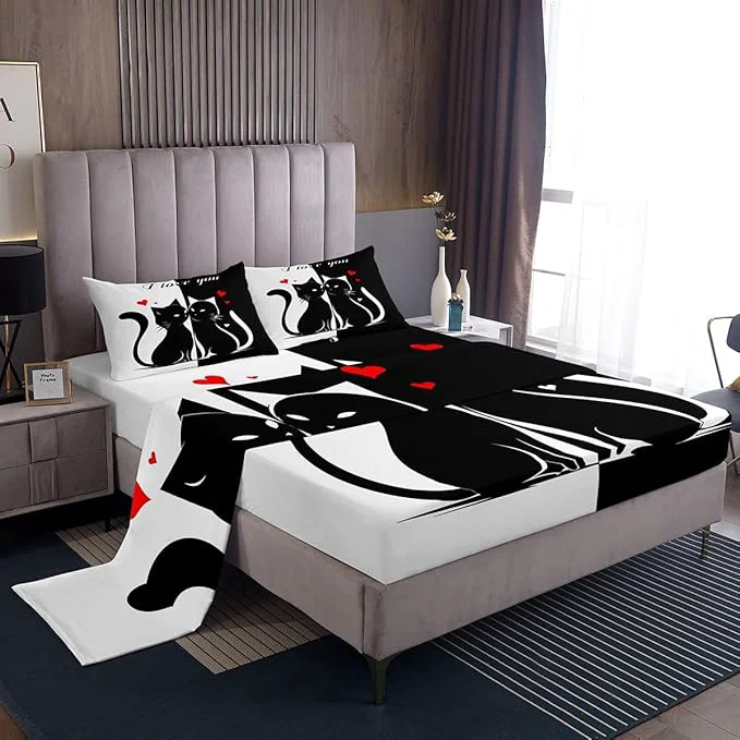 Reusable Cats Lovers Fitted Sheet Set Full Size 4 Pcs Cute Cat Valentine 39 s Day Lightweight Sheets Teens Room Decor Black and White Couples Bedding Sets 1 Fitted 1 Flat 2 Pillowcases Powerful