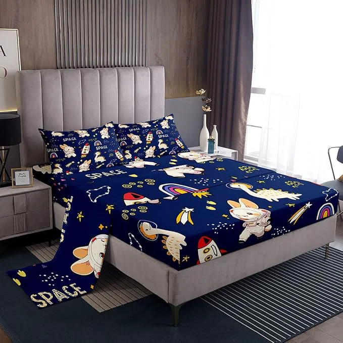 Minimalist Cute Rabbits Bed Sheets Set Kids Boys Dinosaurs Fitted Sheet Cartoon Rocket Bedding Set for Bedroom Decor Starry Galaxy Navy Sheet King Flat Sheet amp Fitted Sheet with 2 Pillow Case Exceptional