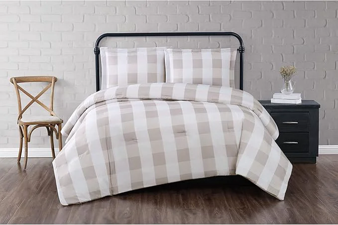Exclusive TRULY SOFT Everyday Buffalo Plaid Khaki Polyester 3-Piece King Comforter Set Plaid Themed for Men and Women Oeko-TEX Confidence Outstanding