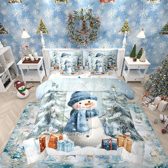 Innovative Castle Fairy Xmas Snowman Blue Comforter Set Full Size 7 Pcs Winter Outdoor Pine Tree Bedding Set for Girls Teens Bedroom Decor Cartoon Bed in a Bag with Comforter Sheets and Pillow Cases Premium