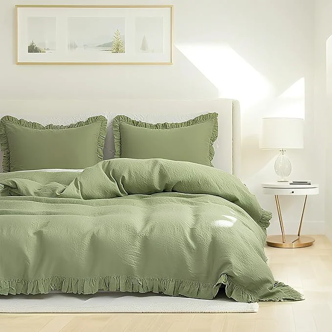 Luxury Simple amp Opulence Linen Duvet Cover Set 3 PCS Natural French Flax Sage Green Ruffle Duvet Cover King Size Breathable Comfy Linen Bedding Comforter Cover with 2 Pillowcases Sage Green 104 quot X 92 quot Dependable