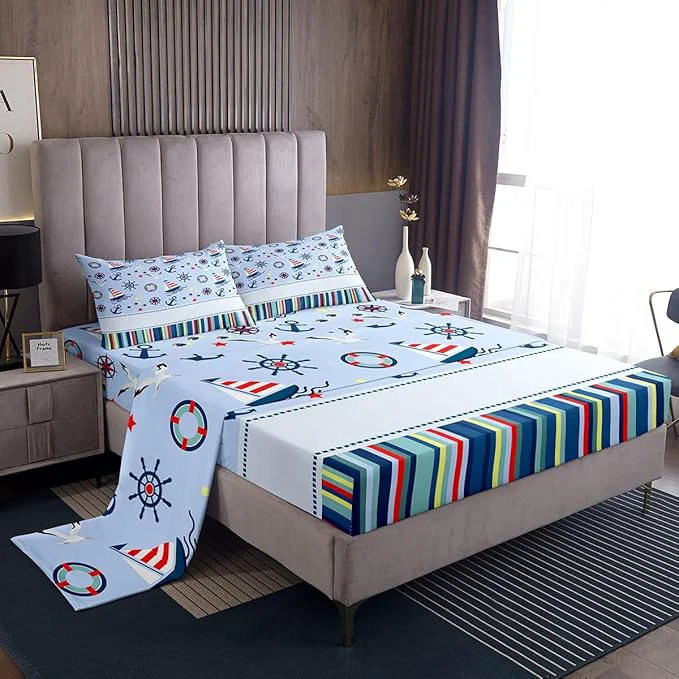 Carefully Designed Nautical Anchor Bed Sheets Set Ocean Fish Seagull Blue Fitted Sheet Outdoor Adventure Bedding Set for Bedroom Decor Red Blue Stripes Sheet Twin Flat Sheet amp Fitted Sheet with 1 Pillow Case Natural