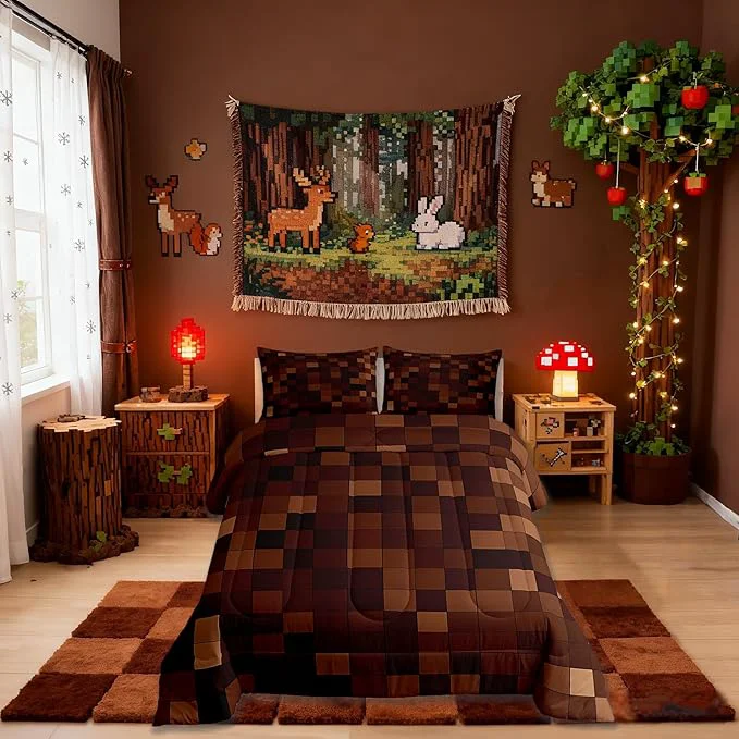 Innovative Miners Pixel Checked Kids Comforter Set Twin Size Video Games Check Lattice Bedding Set Boys Girls Room Decor Game Cartoon Gamepad Quilt Comforter Dark Brown Duvet Set Bedroom Quilt Set 1 Pillowcase Optimized
