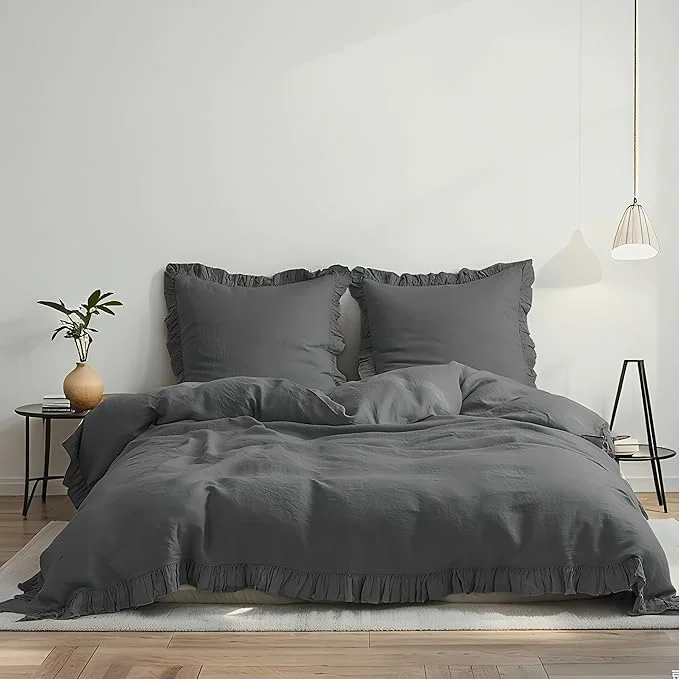Official Simple amp Opulence Linen Duvet Cover Set 3 PCS Natural French Flax Dark Grey Ruffle Duvet Cover King Size Breathable Comfy Linen Bedding Comforter Cover with 2 Pillowcases Dark Grey 104 quot X 92 quot Superior