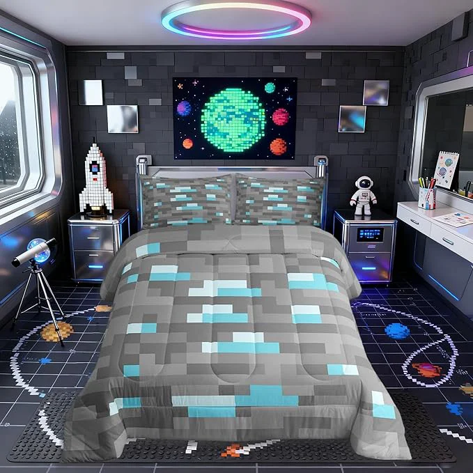 Luxury Pixelated Blocks Miners Kids Comforter Set Full Size Video Games Game Gamepad Bedding Set Boys Room Decor Geometric Grid Patchwork Quilt Comforter Gray Blue Duvet Set Bedroom Quilt Set 2 Pillowcases Original