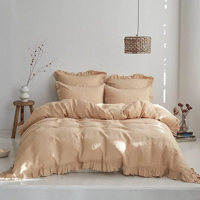 Easy-to-Use Simple amp Opulence Linen Duvet Cover Set 3 PCS Natural French Flax Sand Ruffle Duvet Cover Queen Size Breathable Comfy Linen Bedding Comforter Cover with 2 Pillowcases Sand 88 quot X 92 quot Unique