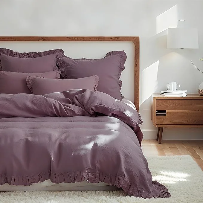 Solid Simple amp Opulence Linen Duvet Cover Set 3 PCS Natural French Flax Purple Ruffle Duvet Cover Queen Size Breathable Comfy Linen Bedding Comforter Cover with 2 Pillowcases Purple 88 quot X 92 quot Exclusive