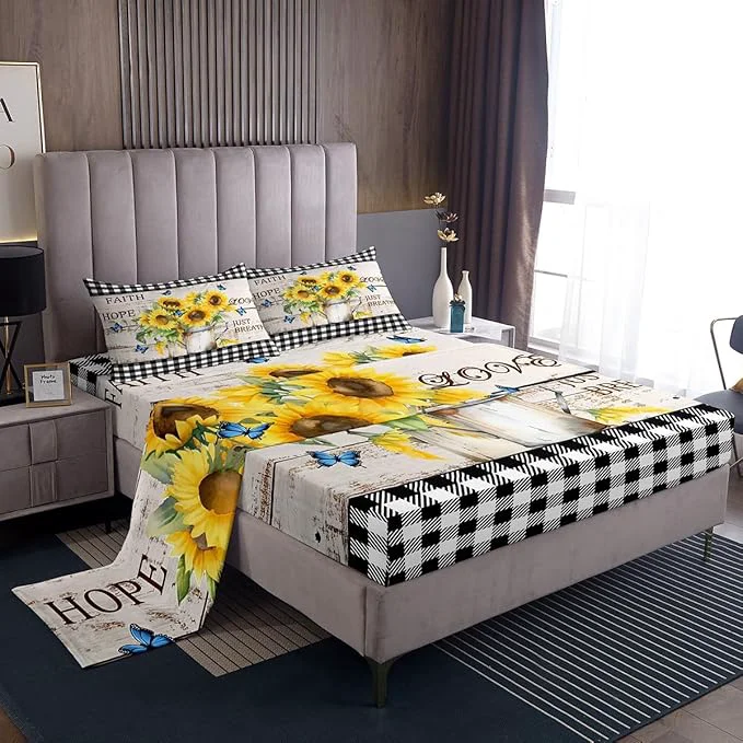 Outstanding Yellow Sunflowers Bed Sheets Set Rustic Farmhouse Style Fitted Sheet Black White Plaid Bedding Set for Bedroom Decor Retro Gingham Sheet Queen Flat Sheet amp Fitted Sheet with 2 Pillow Case Effective