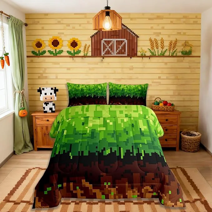 Easy-to-Use Manfei Pixelated Kids Comforter Set Queen Size Patchwork Grid Video Games Bedding Set Boys Room Decor Miners Lattice Simple Quilt Comforter Brown Green Duvet Set Bedroom Quilt Set 2 Pillowcases Reliable