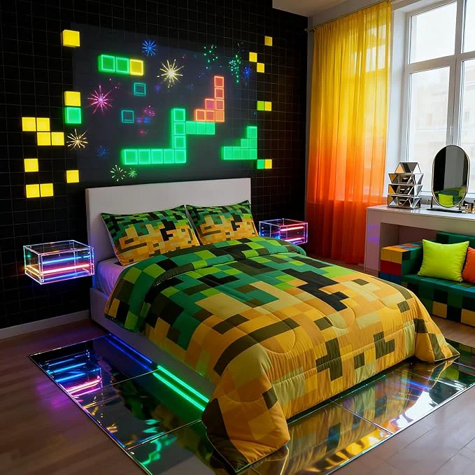 Powerful Pixelated Miners Game Kids Bedding Set King Size Geometric Check Video Games Comforter Set Gamepad Grid Gaming Quilt Comforter Green Yellow Bedroom Duvet Insert 2 Pillowcases High-Quality