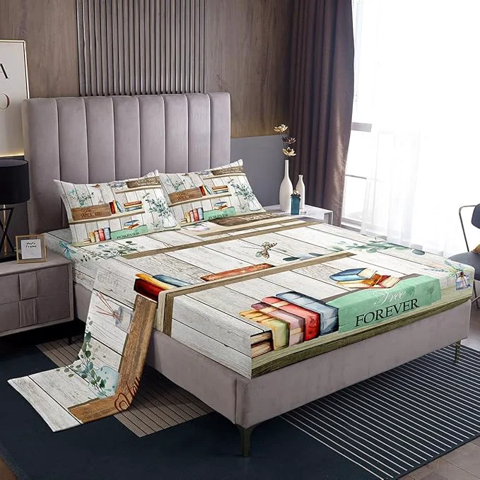 Reusable Watercolor Books Bed Sheets Set Reading Time Girls Women Fitted Sheet Rustic Farmhouse Style Bedding Set for Bedroom Decor Floral Leaves Sheet King Flat Sheet amp Fitted Sheet with 2 Pillow Case Contemporary