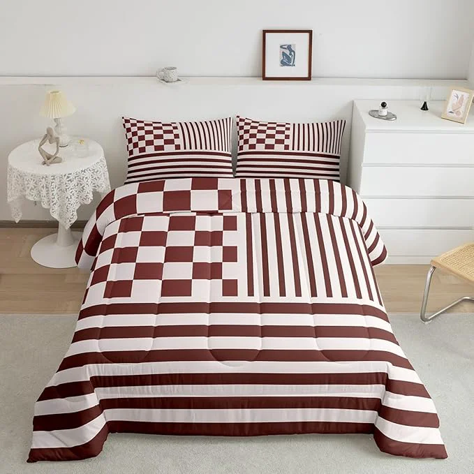 Quality Brown Check Comforter Set Fashion Buffalo Plaid Bedding Set Modern Simple Style Bedding Home Decor Brown Stripes Geometric Comforter Queen Size Quilted Duvet Set 1 Comforter with 2 Pillowcase Original Design