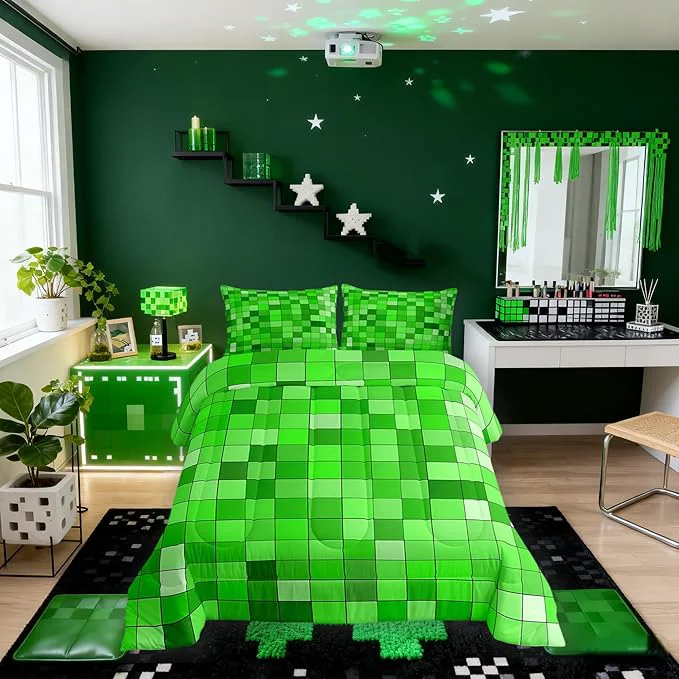 First-Class Geometric Grid Kids Bedding Set Queen Size Patchwork Square Video Games Comforter Set，Gradient Gaming Quilt Comforter Green Bedroom Duvet Insert 2 Pillowcases Specialty