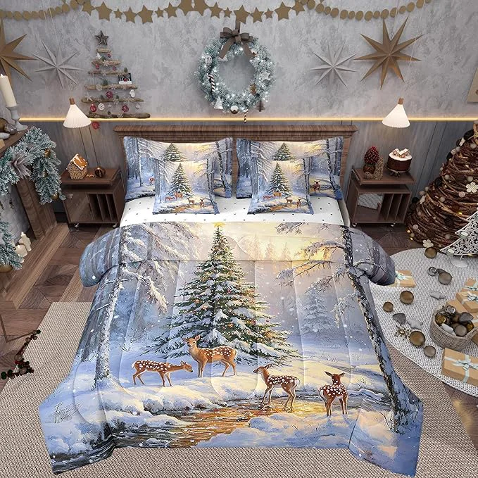 Original Winter Jungle Elk Deer Comforter Set Bed in a Bag 7 Pieces Queen Merry Christmas Theme Bedding Set Vintage Farmhouse Style Comforter Fitted Flat Sheet 2 Pillowcases 2 Throw Pillow Covers Detailed