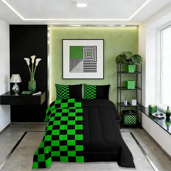 World-Class Geometric Plaid Kids Bedding Set Queen Size Patchwork Grid Video Games Comforter Set，Simple Lattice Abstract Quilt Comforter Black amp Green Bedroom Duvet Insert 2 Pillowcases Outstanding