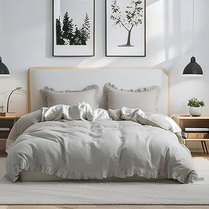 Efficient Simple amp Opulence Linen Duvet Cover Set Natural French Flax Light Grey Ruffle Duvet Cover Twin Size Breathable Comfy Linen Bedding Comforter Cover with 1 Pillowcase Light Grey 68 quot x 86 quot Outstanding