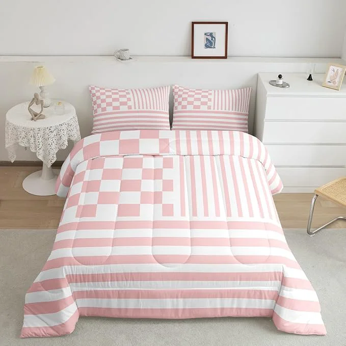 High-Performance Pink Check Comforter Set Fashion Buffalo Plaid Bedding Set Modern Simple Style Bedding Home Decor Pink Stripes Geometric Comforter Twin Size Quilted Duvet Set 1 Comforter with 1 Pillowcase Premium