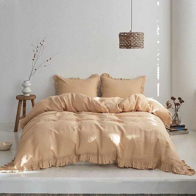Classic Simple amp Opulence Linen Duvet Cover Set 3 PCS Natural French Flax Sand Ruffle Duvet Cover King Size Breathable Comfy Linen Bedding Comforter Cover with 2 Pillowcases Sand 104 quot X 92 quot First-Class