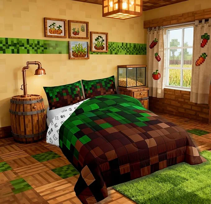 Effective Pixelated Kids Bedding Set King Size Patchwork Grid Video Games Comforter Set Miners Lattice Simple Quilt Comforter Dark Green Brown Bedroom Duvet Insert 2 Pillowcases Solid