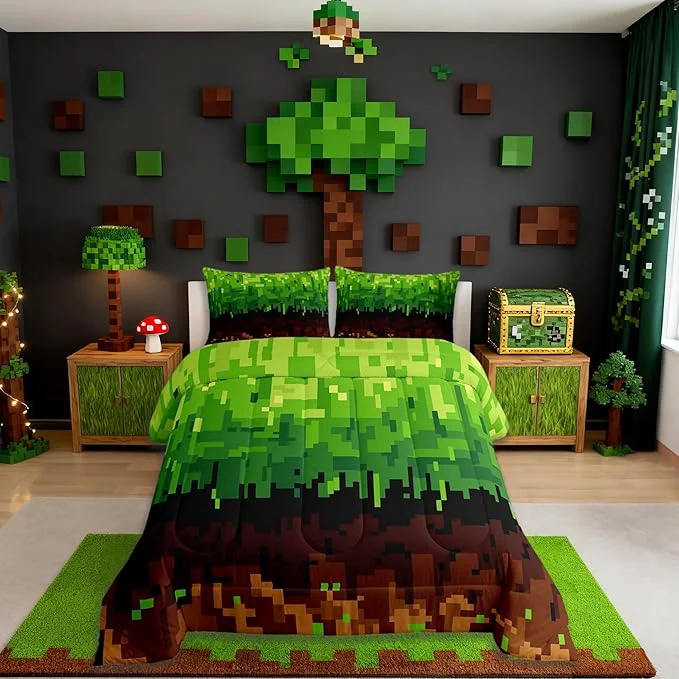 Crafted Pixelated Kids Bedding Set King Size Patchwork Grid Video Games Comforter Set Miners Lattice Simple Quilt Comforter Brown Green Bedroom Duvet Insert 2 Pillowcases Responsible