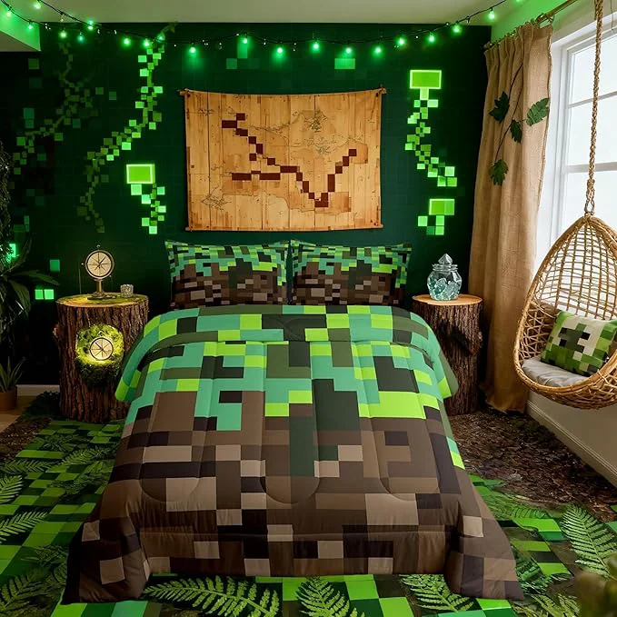 Official Miners Pixel Checked Kids Bedding Set Queen Size Video Games Check Lattice Comforter Set Game Cartoon Gamepad Quilt Comforter Green Brown Bedroom Duvet Insert 2 Pillowcases Exclusive
