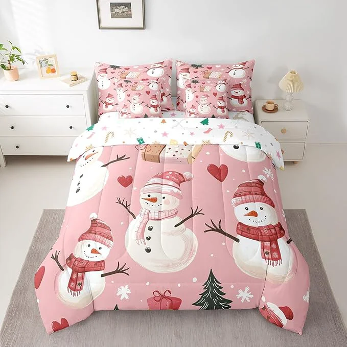 Flexible Cute Snowman King Comforter Set with Sheets Bed in a Bag 7 Pcs Christmas Trees Gifts Red Hearts Winter Snow Bedding Sets Flat Fitted Sheet Pillowcases Pillow Covers Practical