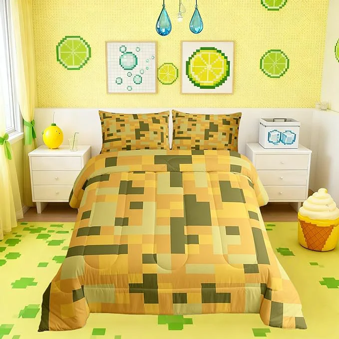Efficient Pixelated Blocks Miners Kids Comforter Set Twin Size Video Games Cartoon Gamepad Bedding Set Boys Room Decor Army Camouflage Game Quilt Comforter Yellow Green Duvet Set Bedroom Quilt Set 1 Pillowcase Unique