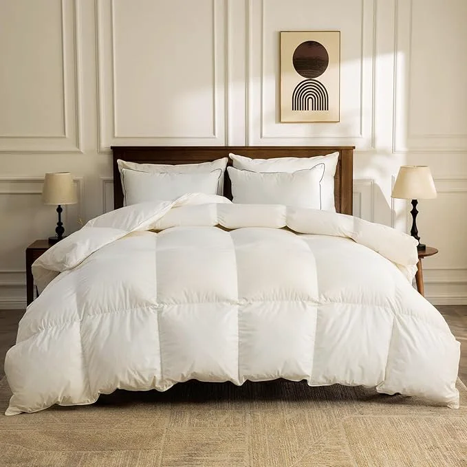 Convenient BPC Heavyweight Organic Feather Down Comforter Super King Hotel-Luxury Extra Fluffy Duvet Insert with Cotton Cover and Puffy Feather Down Filling for Winter Ivory White 120x120 Inches Pure