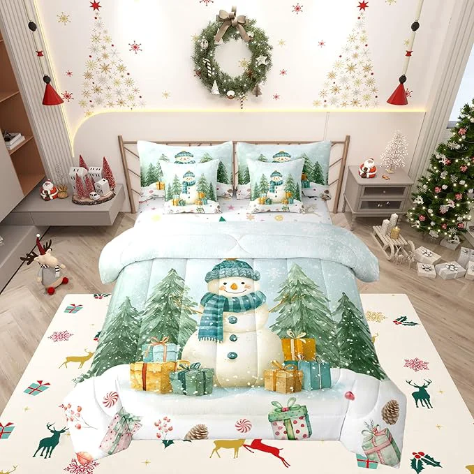 Smart Kawaii Snowman Comforter Set 7 PCS Cartoon Christmas Trees Gifts Bed Set for Girls Kids Winter Christmas Theme Bed in a Bag Bedding Set with Comforter Sheet Set Pillowcases Pillow Covers King Easy-to-Use