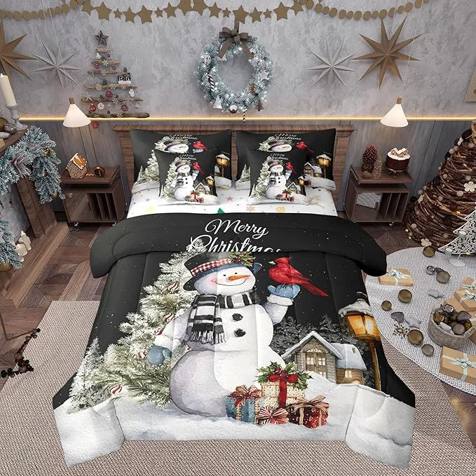 Casual Castle Fairy Xmas Snowman Reversible 7 Pieces Comforter Set Funny Christmas Trees Bed Sheet Set for Kids Teens Boys Exotic Bird Winter Cabin Decor Bedding Set with Comforter Fitted amp Flat Sheet Full Proven