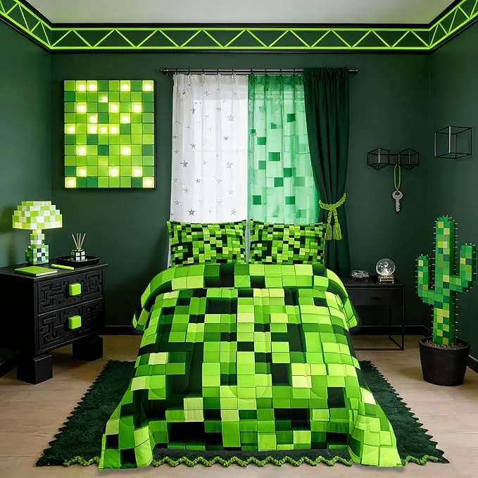 Pure Pixelated Miners Game Kids Comforter Set Full Size Video Games Gamepad Gaming Bedding Set Girls Boys Room Decor Geometric Square Quilt Comforter Light Green Duvet Set Bedroom Quilt Set 2 Pillowcases Enhanced