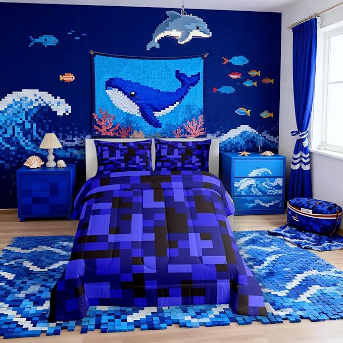 Powerful Pixelated Blocks Kids Bedding Set King Size Army Camouflage Miners Game Comforter Set，Geometric Grid Patchwork Quilt Comforter Black Dark Blue Bedroom Duvet Insert 2 Pillowcases Solid